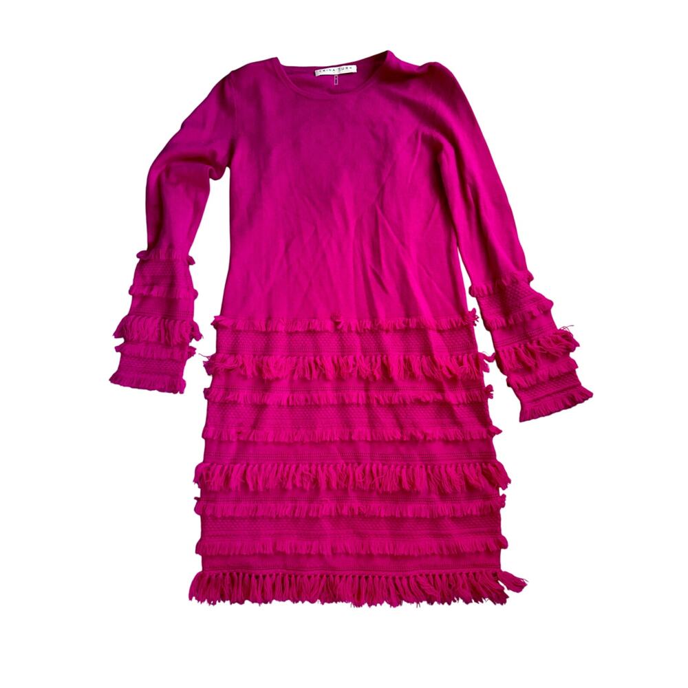 Trina Turk Fringe Merino Wool Magenta Pink Sweater Dress Small
